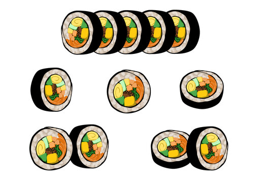Korean kimbap. Isolated kimbap or gimbal in different view on white background. Rice, meat, Kim chi and vegetables roll with seaweed. Authentic Asian food, Korean street food, a slice of rice roll. 