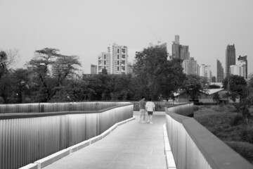 ทางเดินที่มีแสงไฟของสวน โมโนโทน ขาวดำ