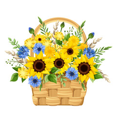 Basket with blue and yellow sunflowers, dandelion flowers, gerbera flowers, cornflowers, and green leaves isolated on a white background. Vector illustration