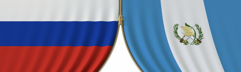 Obraz premium Flags of Russia and Guatemala and closing or opening zipper between them. Political negotiations or interaction conceptual 3D rendering