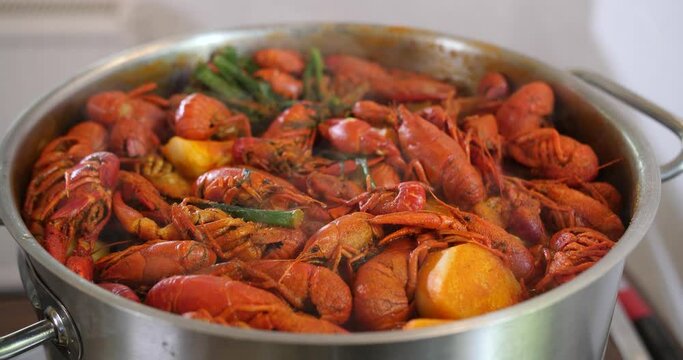 Fresh seafood red Crayfish shrimps prawn slowly boiling in a steel pot, warm tasty smoky soup recipe cooked in professional kitchen
