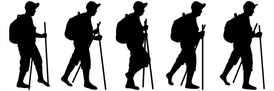 Five black female silhouettes isolated on white background. A woman in a sports cap, a backpack behind her back, shorts, a walking stick in her hands. An older woman is hiking. Hiking. Side view.