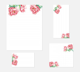 stationery set with hand painted watercolor illustration of peony, for letter, memo, card, note
