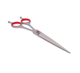 Scissors for cutting people and pets. Grooming scissors. Closed scissors on a white isolated background. Angle view.