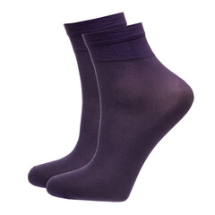A pair of fabric socks stands on a white isolated background. Volumetric socks on a transparent mannequin.