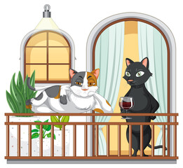 Cartoon cats standing at balcony