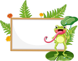 Blank wooden signboard with frog in cartoon style
