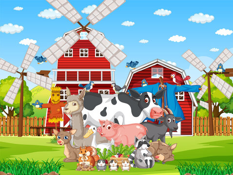 Farm scene with many animals