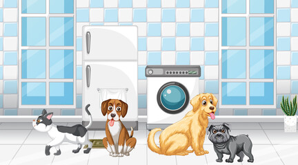 Set of different domestic animals in room