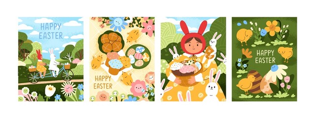 Happy Easter cards set. Greeting postcards designs for spring holidays. Cute congratulations with fairytale characters, painted eggs, rabbits, bunnies, festive cakes. Colored flat vector illustrations