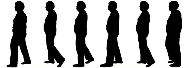 A woman in trousers and a blouse. An older woman is walking. Women walk one after another in one line. Human positions for gradual motion animation. Walking man silhouette. Side view. Black silhouette