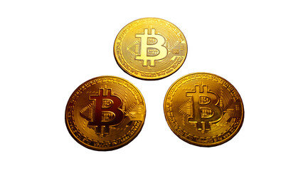 Gold coins with collaged bitcoin symbol isolated from white background.