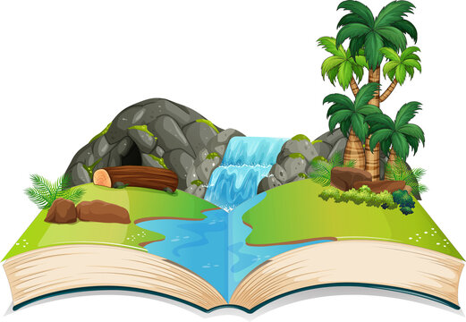 Book with waterfall and trees in the scene