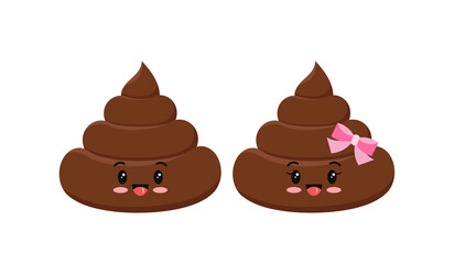 Poop cute funny excrement character boy and girl cartoon emoticon set isolated on white background. Kawaii brown heap of shit emoji. Flat design vector clip art baby poo with faces illustration.