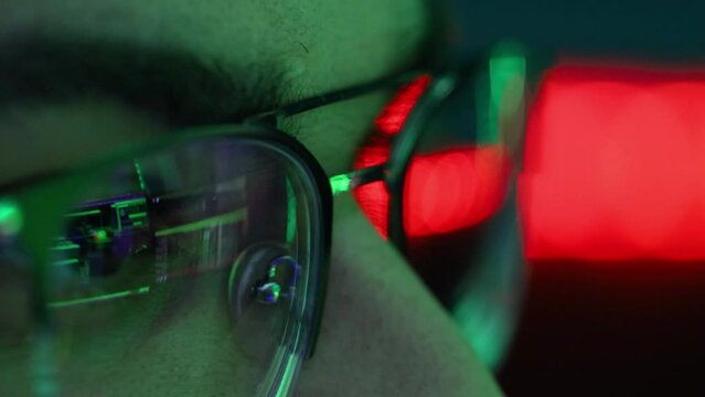 Macro shot of the eyes of a russian hacker with glasses. Extreme close up in 4k, hacker eyes.