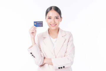 Business Asian woman showing credit card for payment shopping online , paying by credit card online shopping  e-commerce telemarketing concept