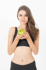 Beautiful body beauty woman slim holding green apple isolated on white background - wellness girl weight loss and healthy concept