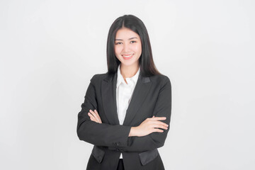 Portrait beautiful working Asian woman , business girl standing arms crossed with happiness on white background