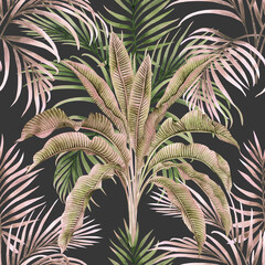 Watercolor painting colorful banana leaves seamless pattern background.Watercolor hand drawn illustration tropical exotic leaf prints for wallpaper,textile Hawaii aloha summer style.