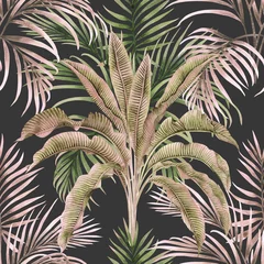 Behang Tropische bladeren Aquarel schilderij kleurrijke banaan verlaat naadloze patroon achtergrond. Aquarel hand getekende illustratie tropische exotische blad wordt afgedrukt voor behang, textiel Hawaii aloha zomer stijl.