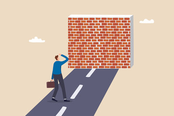 Business barrier, obstacle or difficulty, road block or career struggle, trouble or problem to be solved, prohibited or dead end concept, confused businessman walk on the road to brick wall barrier. - obrazy, fototapety, plakaty