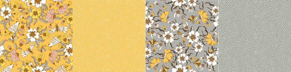 Modern floral pattern, large flowers and butterflies, polka dot pattern, small spots. Seamless pattern set. Modern design for paper, cover, fabric, decor, print. Design for paper, cover, fabric, decor