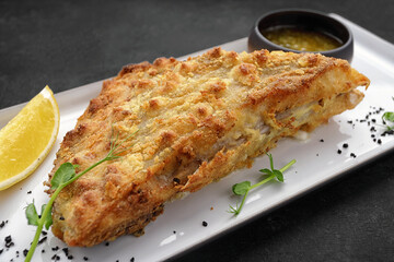 Grilled flounder steak, on a dark background