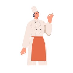 Woman chef cook in professional uniform, showing okay gesture with hand. Happy smiling female restaurant worker in hat and apron with OK sign. Flat vector illustration isolated on white background