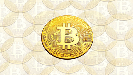 Gold coins with collaged bitcoin symbols. Faint bitcoin image in different colors on the background.