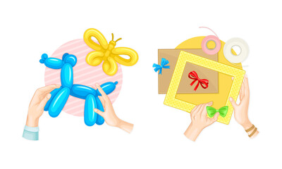 Craft hobbies set. View from above of human hands creating crafts. Modeling from balloons and frame making and decoration cartoon vector illustration