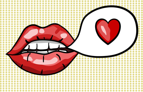 Sensual woman lips speaking love. Comics style illustration