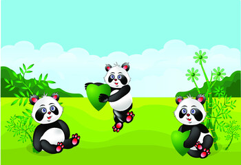 Fototapeta na wymiar Cartoon panda playing on green hill background