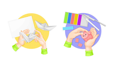 Craft hobbies set. View from above of human hands creating crafts. Origami and plasticine modeling cartoon vector illustration