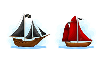 Pirate ships set. Vintage vessels with black and red sails cartoon vector illustration