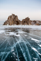 Baikal frozen lake, Olkhon island. Clear ice and snow