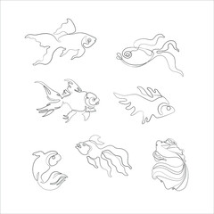 Fish continuous line drawing, tattoo, print and logo design, beautiful aquarium fish silhouette single line on a white background, isolated vector line art illustration.