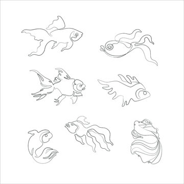 Fish continuous line drawing, tattoo, print and logo design, beautiful aquarium fish silhouette single line on a white background, isolated vector line art illustration.