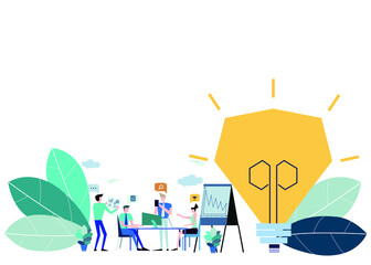 Business  man and  Lady  teamwork  Brainstorming,Contact communicate  with Cellphone, Laptop,Computer, icon, paper  rocket fold - Idea  concept creativity  innovation technology modern.
