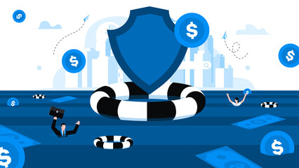 Lifeline for drowning people. Insurance concept. Animation ready duik friendly vector. Conceptual business story. Financial crisis, economic recession, bankruptcy, depression.