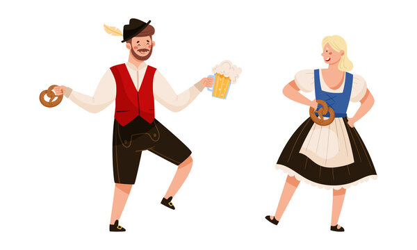 People in traditional Bavarian clothes celebrating Oktoberfest beer festival. Man and woman dancing vector illustration