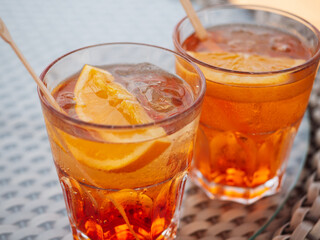 Beautiful glass with a refresh cocktail, standing on the bar. Top view, close-up. Vacation and travel concept. Moments of celebration