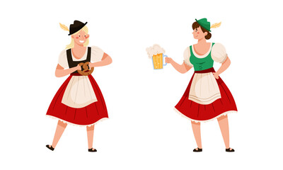 People in traditional German clothes celebrating Oktoberfest beer festival. Waitress with mugs of beer vector illustration