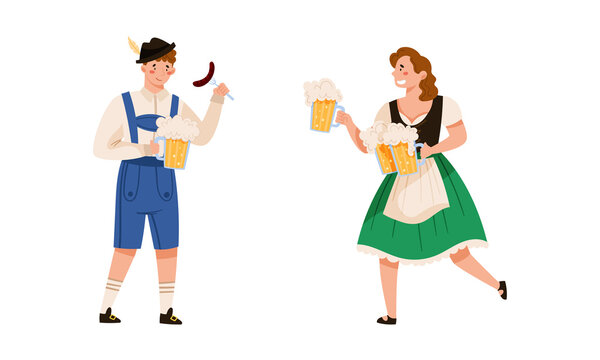 Waitress and waiter in traditional German clothes with mugs of beer. Oktoberfest beer festival vector illustration