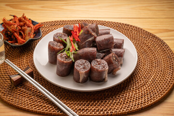 The Korean Blood Sausage or Sundae, Soondae is Korean traditional national food. Street home Asian...