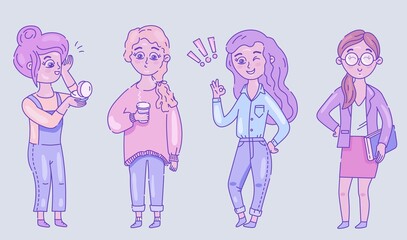 Fashionable smiling female teenager, happy student group. Set of cute smart girl character