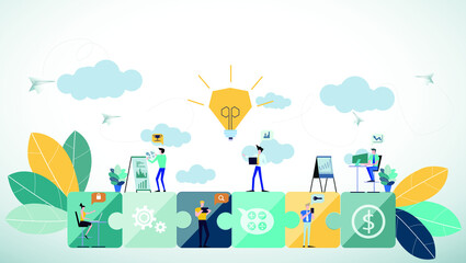 Business  man and  Lady  teamwork  Brainstorming,Contact communicate  with Cellphone, Laptop,Computer, icon, paper  rocket fold - Idea  concept creativity  innovation technology modern.
