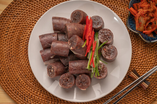 The Korean Blood Sausage or Sundae, Soondae is Korean traditional national food. Street home Asian cuisine.