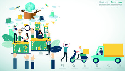 Fototapeta premium Business man and Lady teamwork Brainstorming,Contact communicate with Cellphone, Laptop,Computer, icon, paper rocket fold - Idea concept creativity innovation technology modern. 