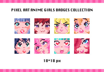 Pixel art cute labels with kawaii anime girl faces. Vintage mosaic 8 bit game style anime girls badges for design stream icons, labels, decoration. Anime girls faces emoji set.