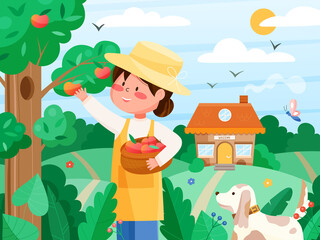 Woman farmer is engaged in seasonal harvesting of apples. Female worker with a basket of apples, sunny day, meadow with flowers, village house and cute dog. Vector illustration.